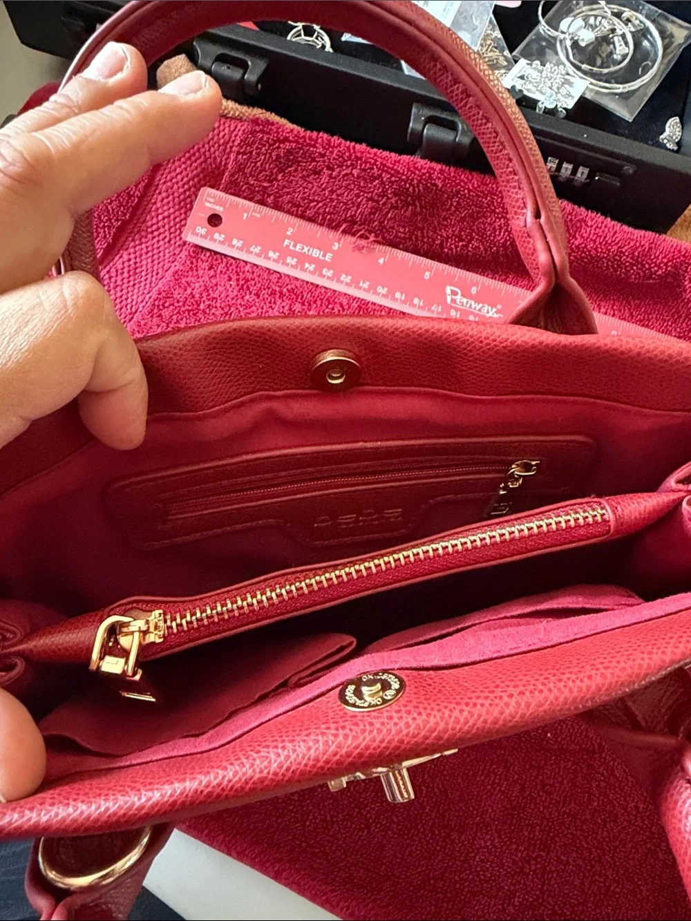 bebe Red Pebbled Top-Handle Satchel with Gold Hardware